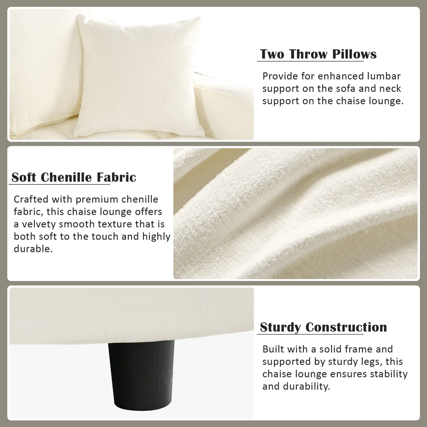 Canapé-lit chaise longue en chenille, canapé-lit recouvert de tissu avec dossier capitonné et 2 coussins amovibles pour le salon.