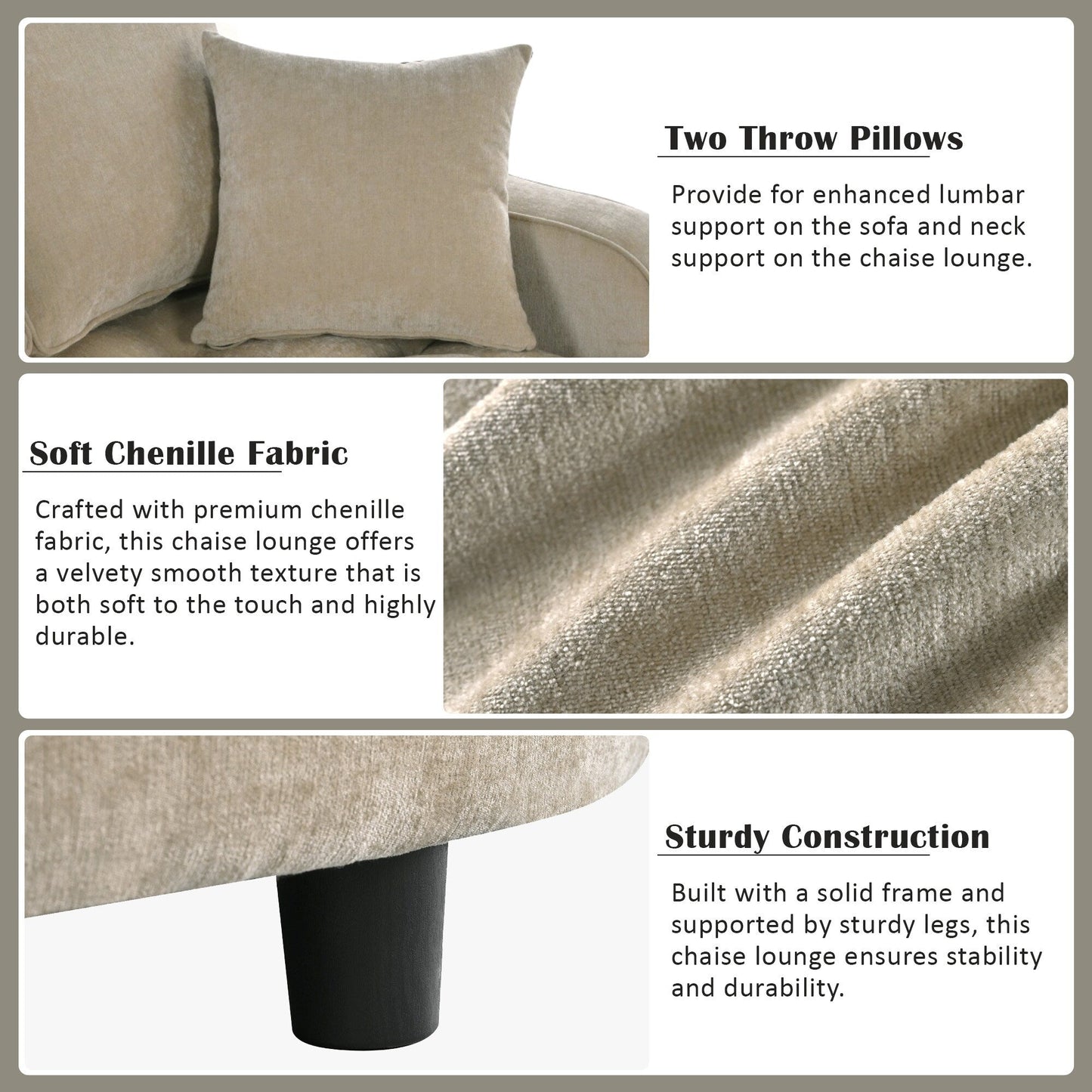 Canapé-lit chaise longue en chenille, canapé-lit recouvert de tissu avec dossier capitonné et 2 coussins amovibles pour le salon.