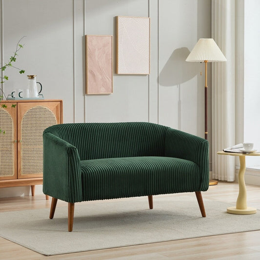 Canapé 2 places recouvert de tissu en velours côtelé avec pieds en bois de noyer.