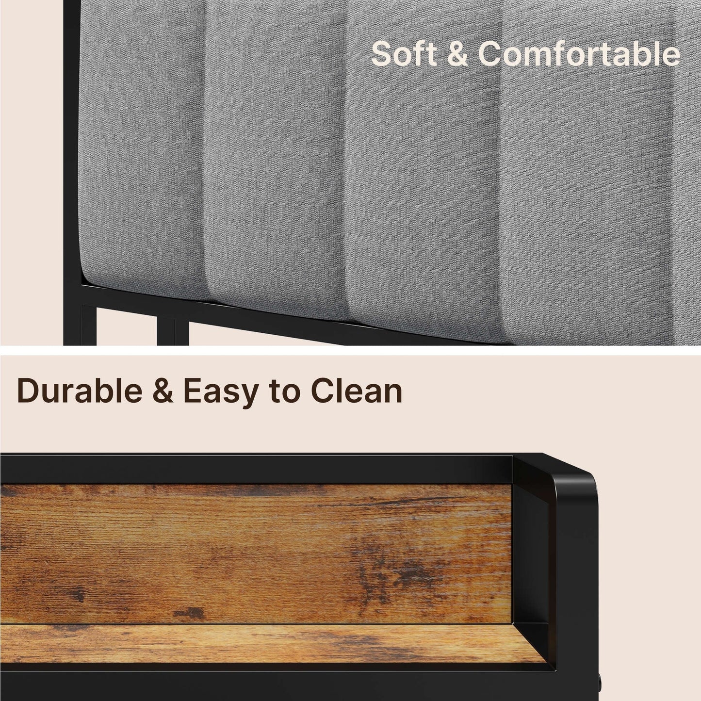 Cadre de lit à plateforme en métal pour lit jumeau / double / queen / king size avec tête de lit rembourrée et rangement.