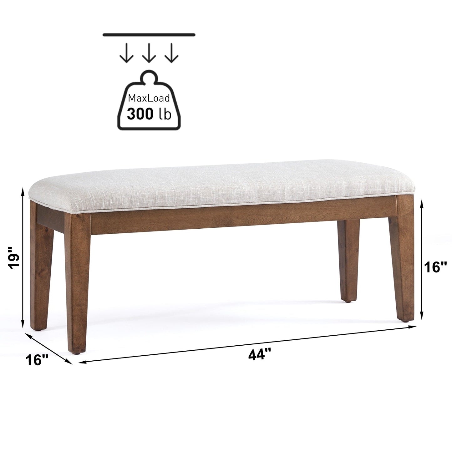 Banc d'entrée recouvert de tissu, banc de chambre à coucher pour le pied du lit, beige, en bois massif, 44 pouces