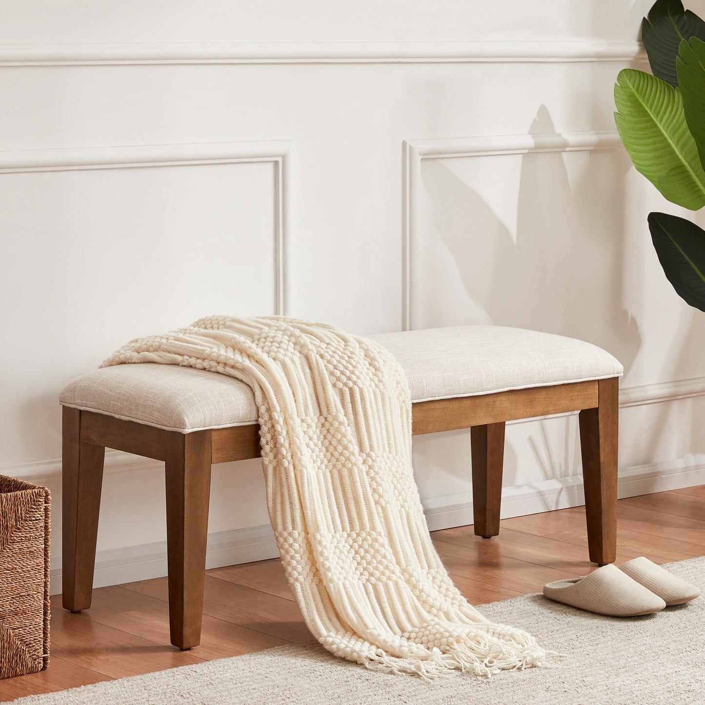 Banc d'entrée recouvert de tissu, banc de chambre à coucher pour le pied du lit, beige, en bois massif, 44 pouces