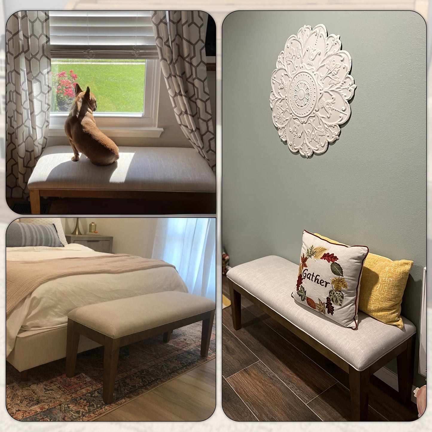 Banc d'entrée recouvert de tissu, banc de chambre à coucher pour le pied du lit, beige, en bois massif, 44 pouces