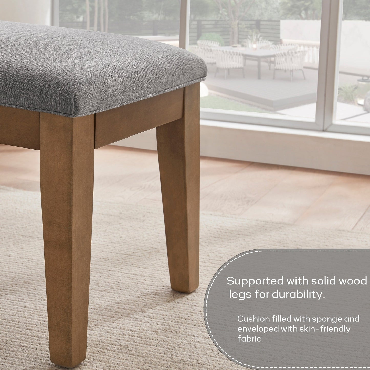 Banc d'entrée recouvert de tissu, banc de chambre à coucher pour le pied du lit, beige, en bois massif, 44 pouces