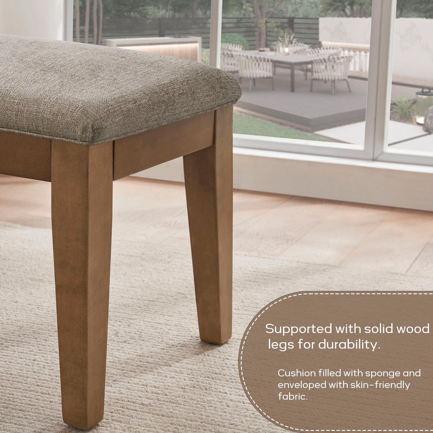 Banc d'entrée recouvert de tissu, banc de chambre à coucher pour le pied du lit, beige, en bois massif, 44 pouces