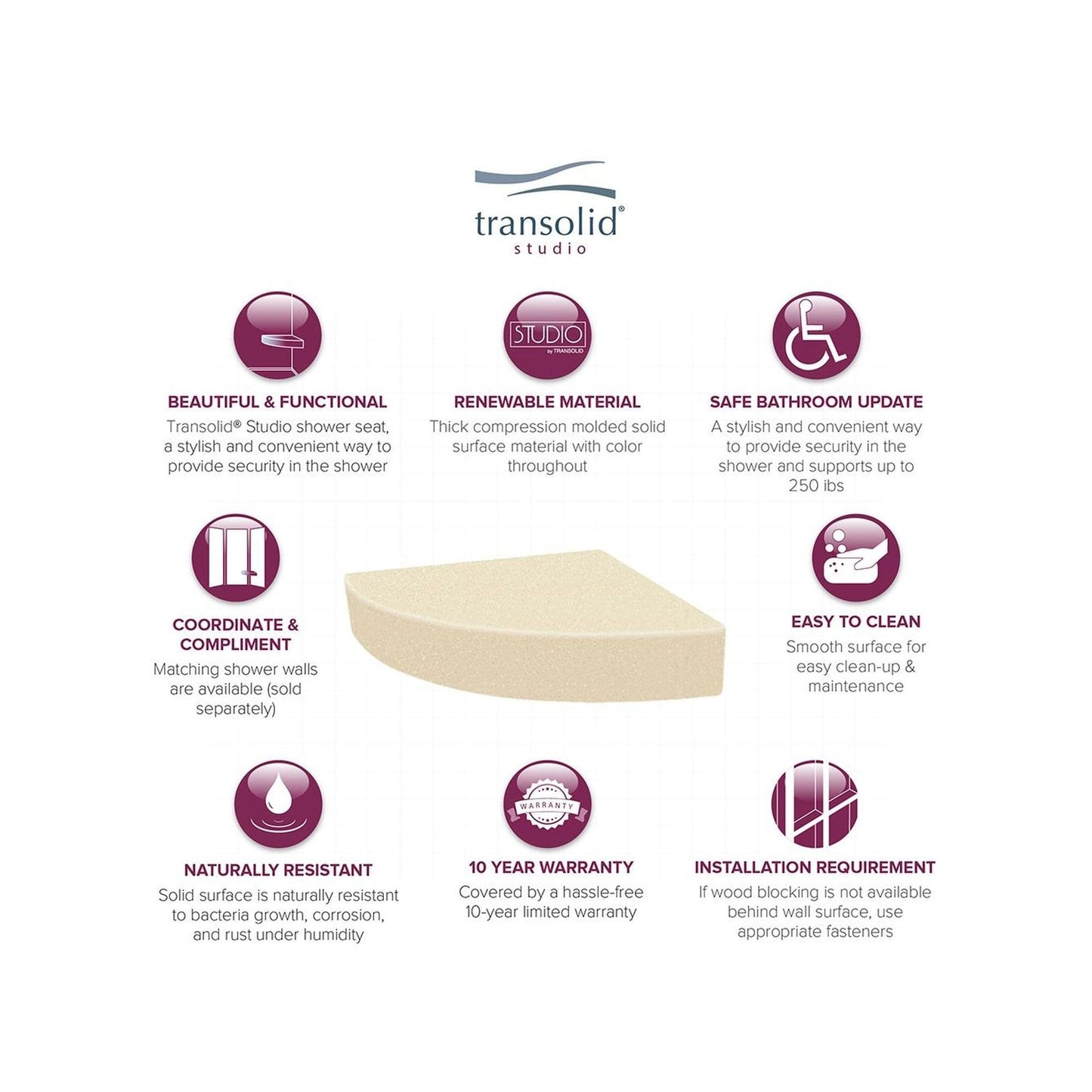 Transolid Studio, siège de douche d'angle mural en surface solide, 35,5 x 35,5 cm - 36,8 x 36,2 x 7,6 cm