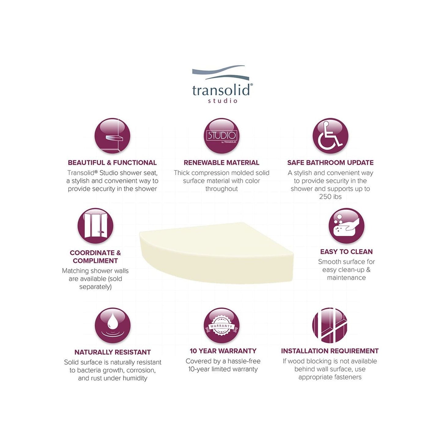 Transolid Studio, siège de douche d'angle mural en surface solide, 35,5 x 35,5 cm - 36,8 x 36,2 x 7,6 cm