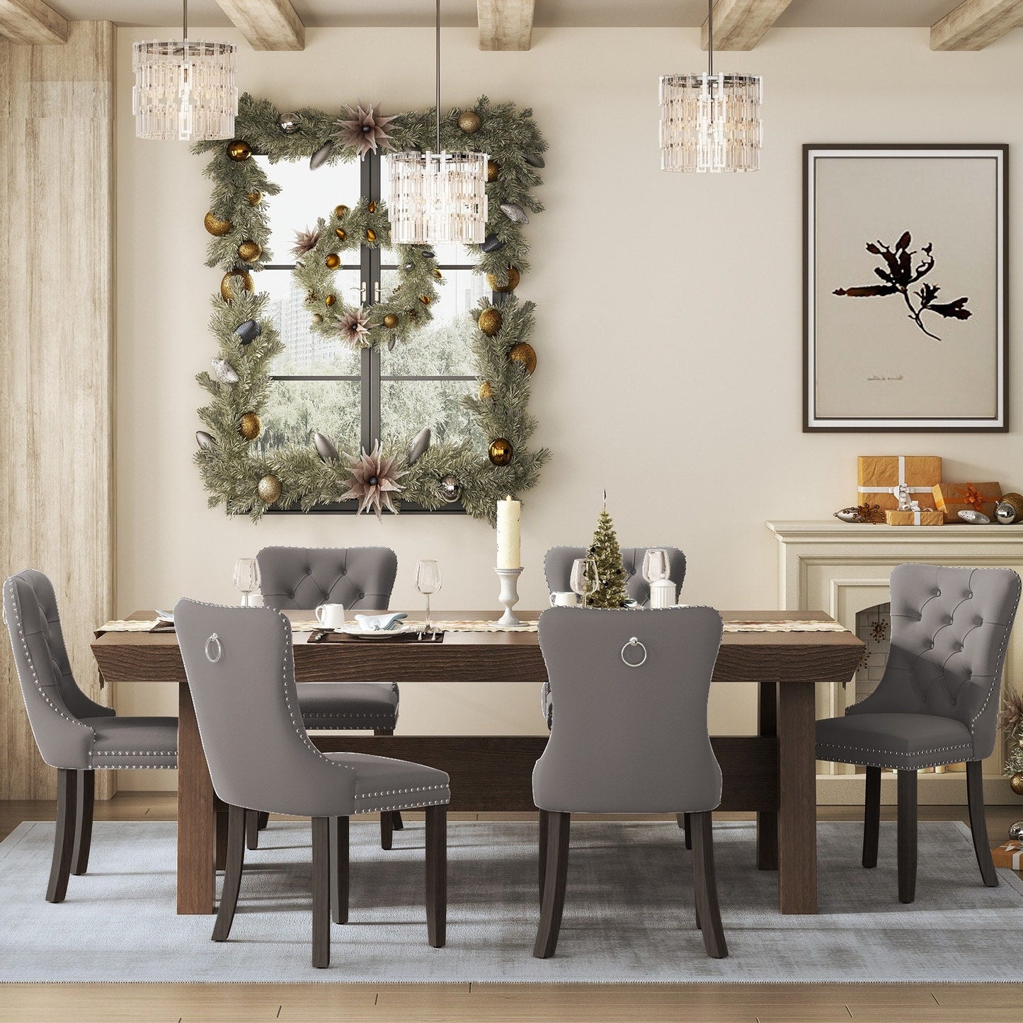 Lot de 6 chaises de salle à manger en velours capitonné avec pieds en bois massif.