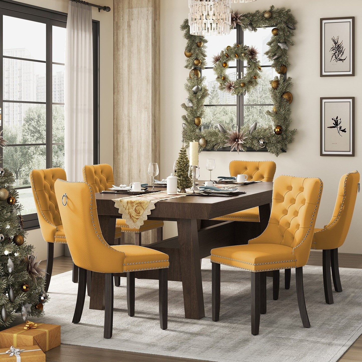 Lot de 6 chaises de salle à manger en velours capitonné avec pieds en bois massif.