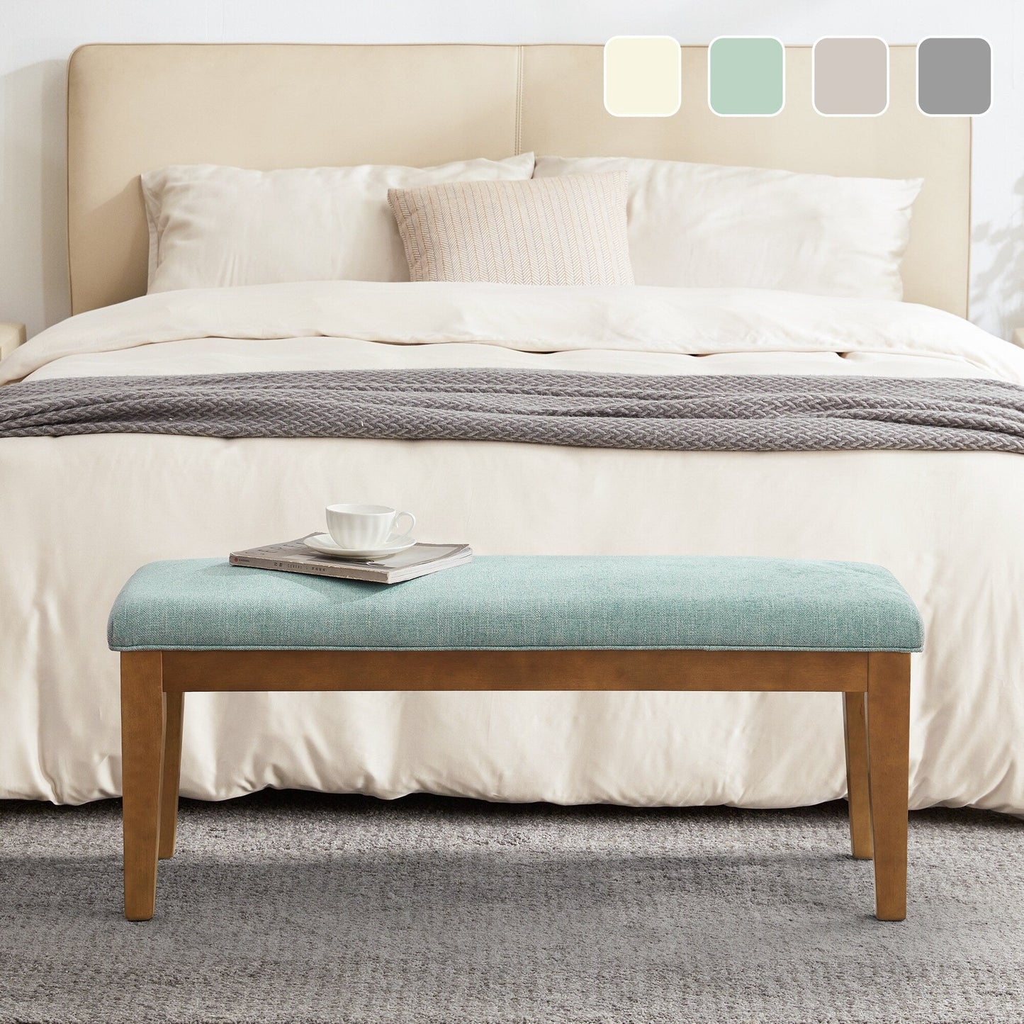 Banc d'entrée recouvert de tissu, banc de chambre à coucher pour le pied du lit, beige, en bois massif, 44 pouces