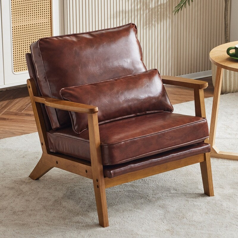Fauteuil d'appoint en tissu mélangé de lin avec pieds en bois et un coussin beige.