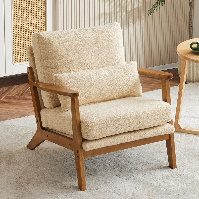 Fauteuil d'appoint en tissu mélangé de lin avec pieds en bois et un coussin beige.