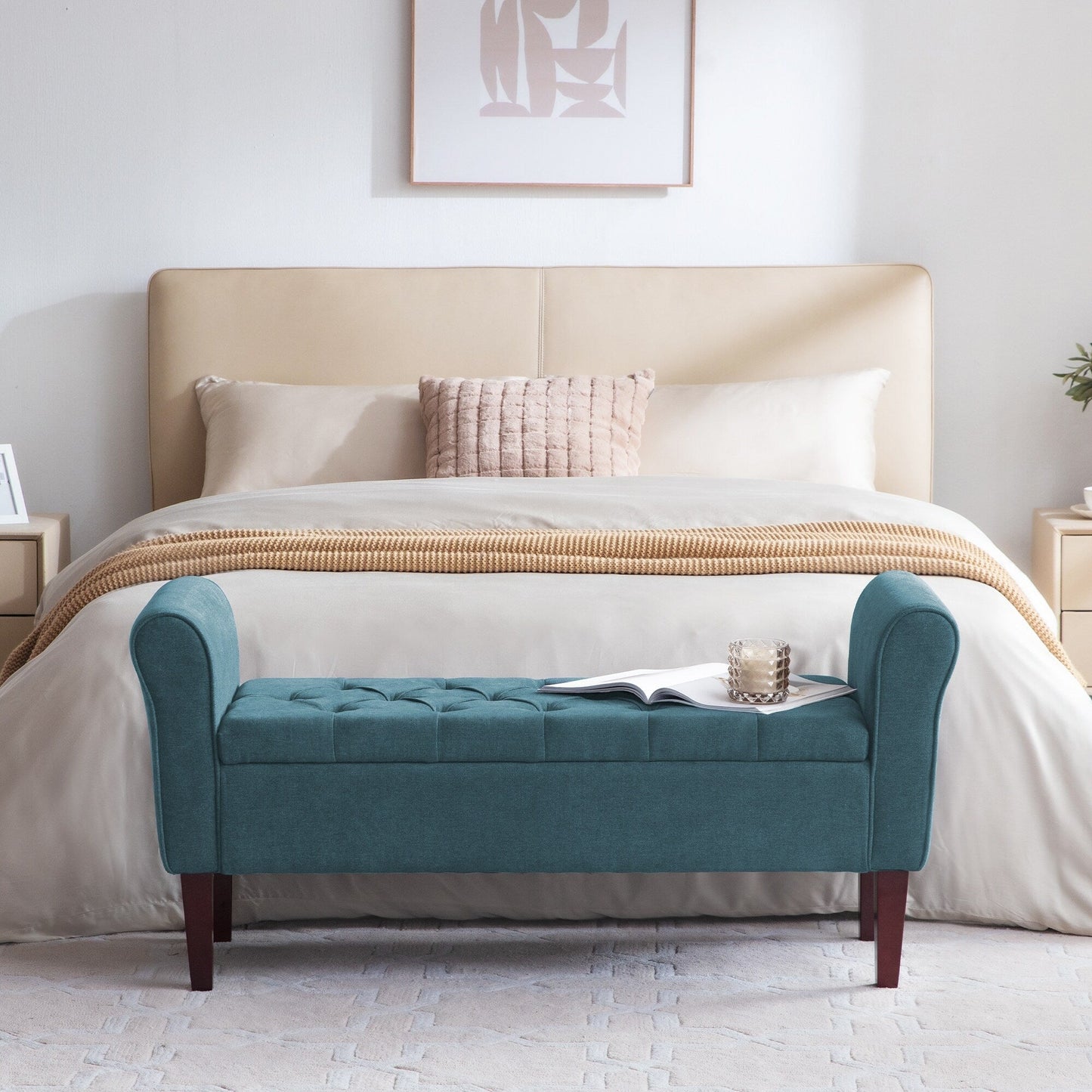 Banc de rangement capitonné, banc avec accoudoirs, banc d'entrée avec couvercle rabattable, 50,4 pouces.