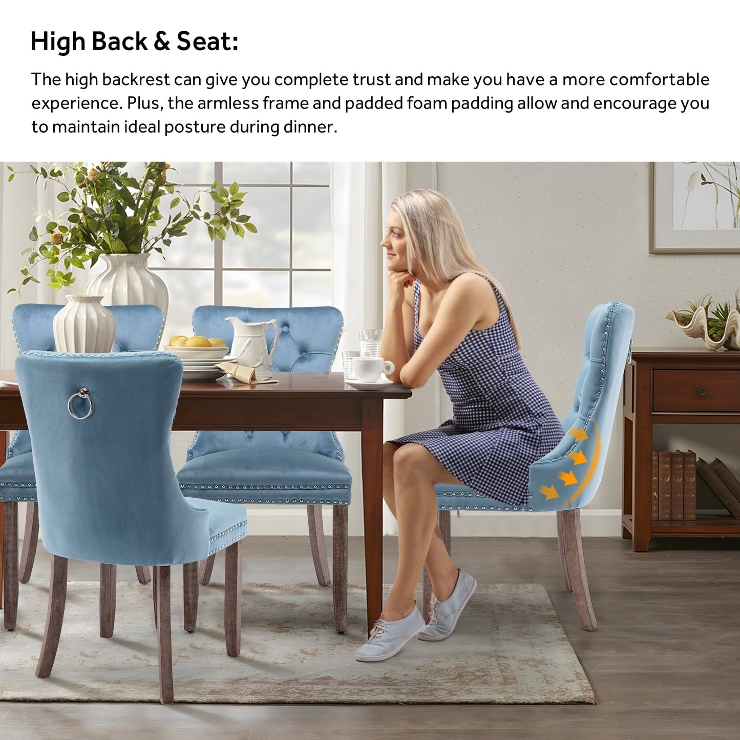 Lot de 6 chaises de salle à manger en velours capitonné avec pieds en bois massif.