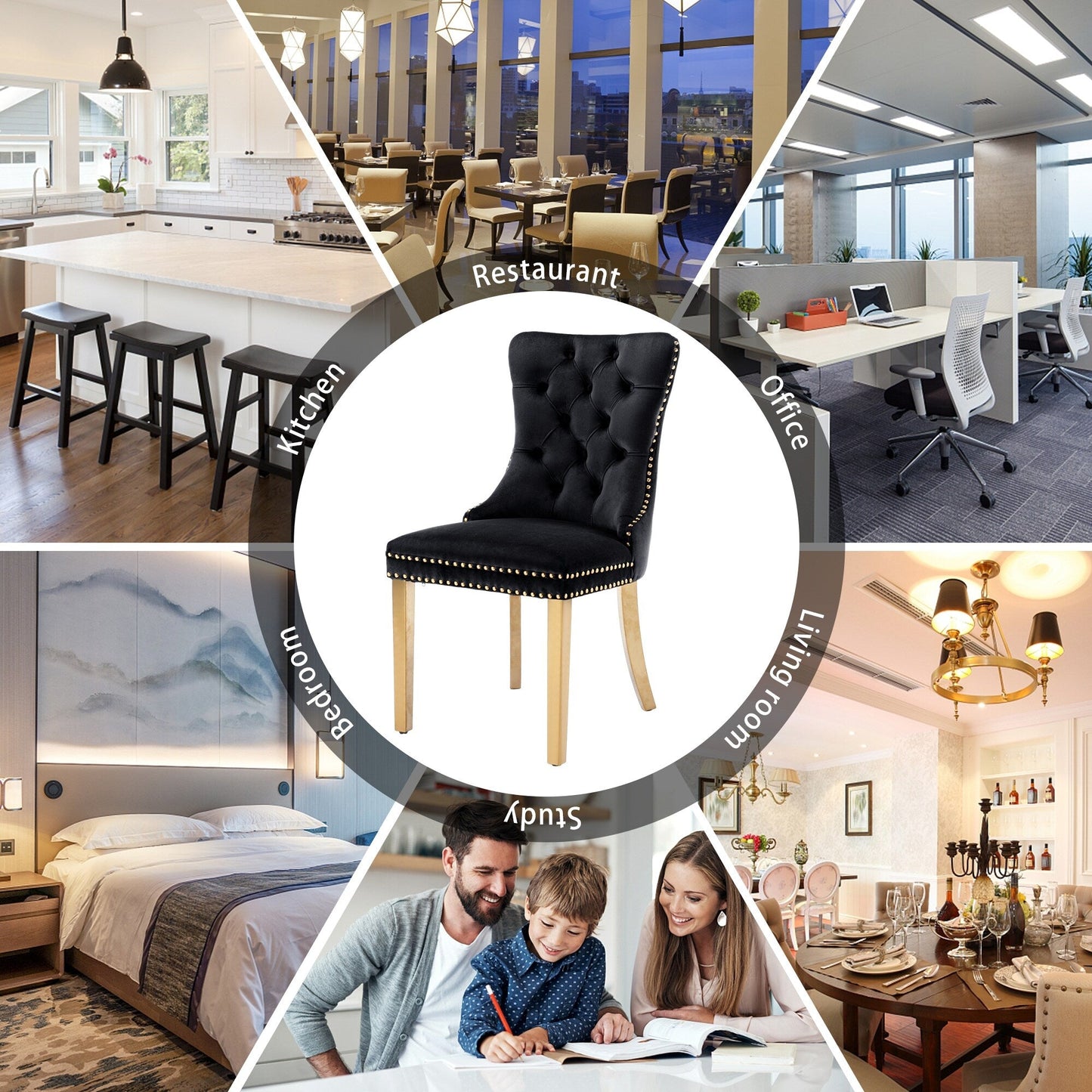 Lot de 6 chaises de salle à manger en velours capitonné avec pieds en bois massif.