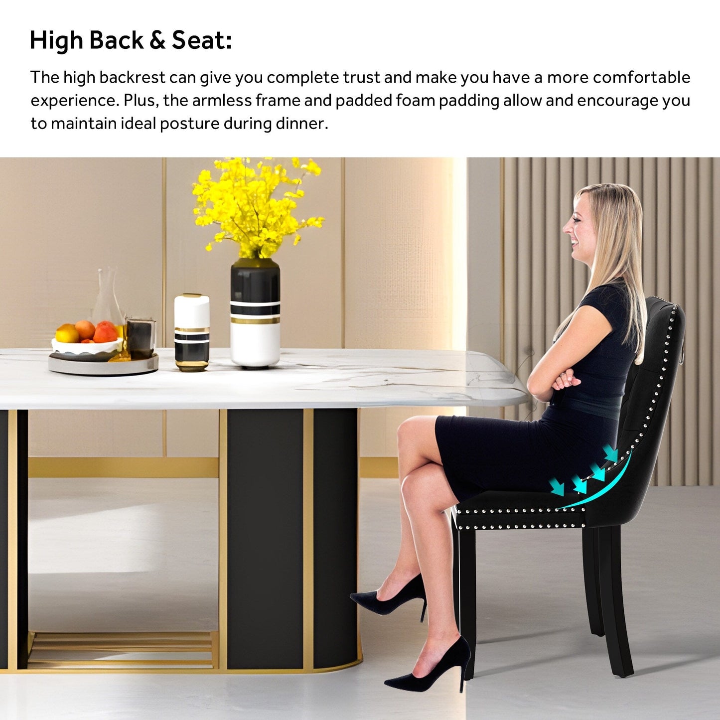 Lot de 6 chaises de salle à manger en velours capitonné avec pieds en bois massif.