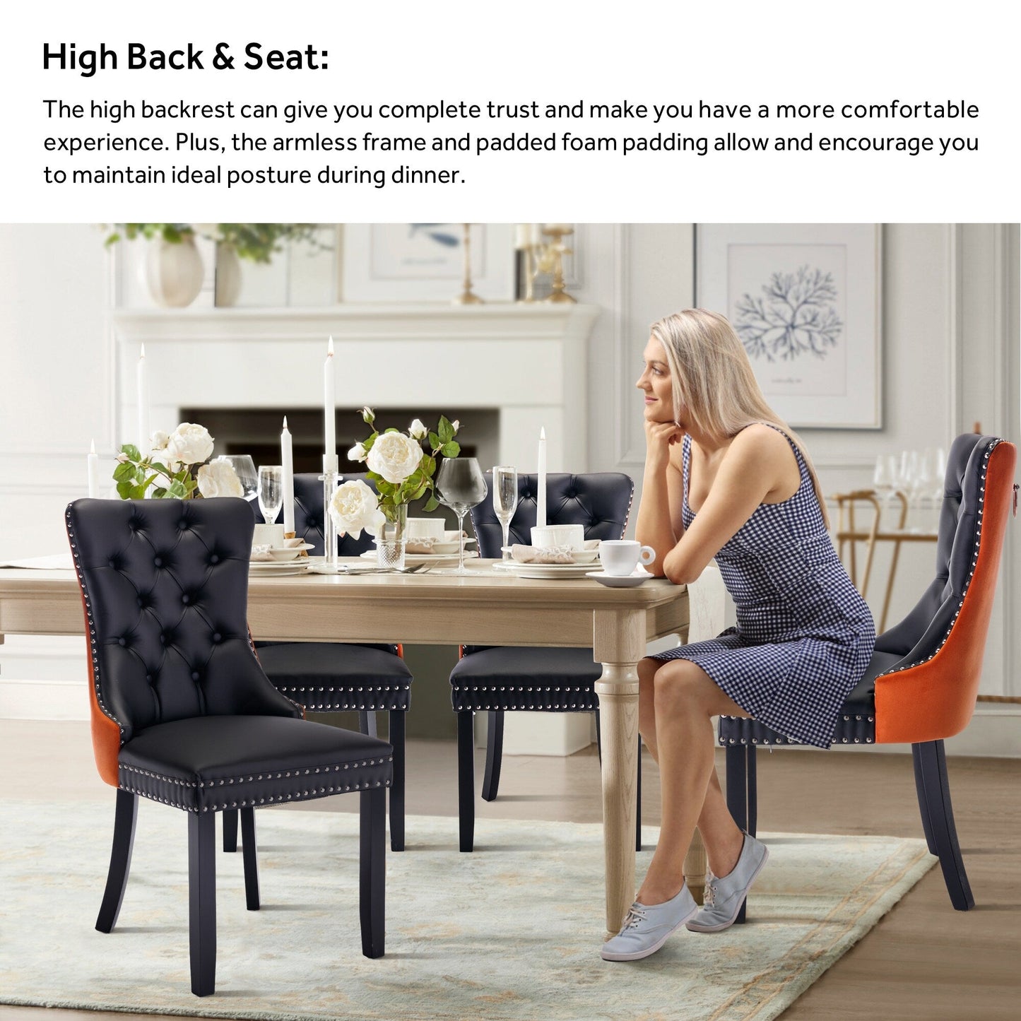 Lot de 6 chaises de salle à manger en velours capitonné avec pieds en bois massif.