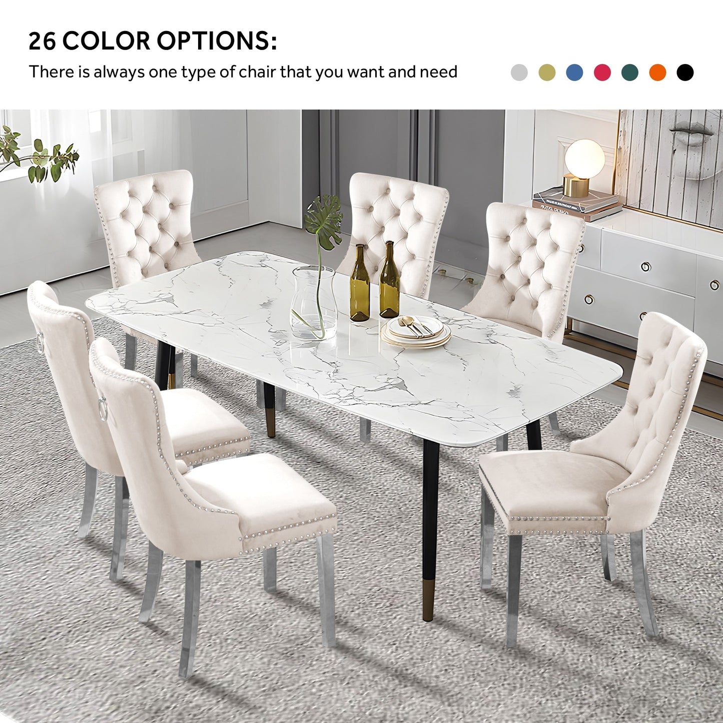 Lot de 6 chaises de salle à manger en velours capitonné avec pieds en bois massif.