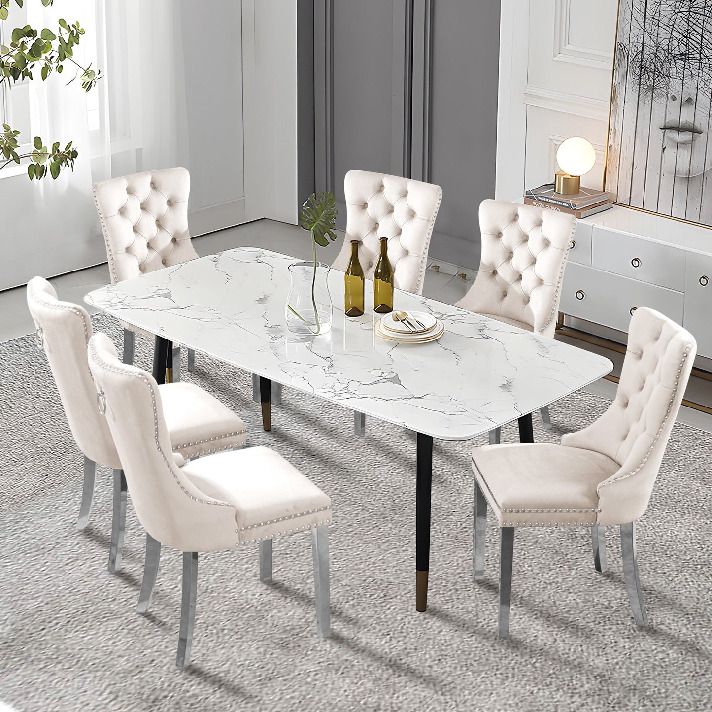 Lot de 6 chaises de salle à manger en velours capitonné avec pieds en bois massif.