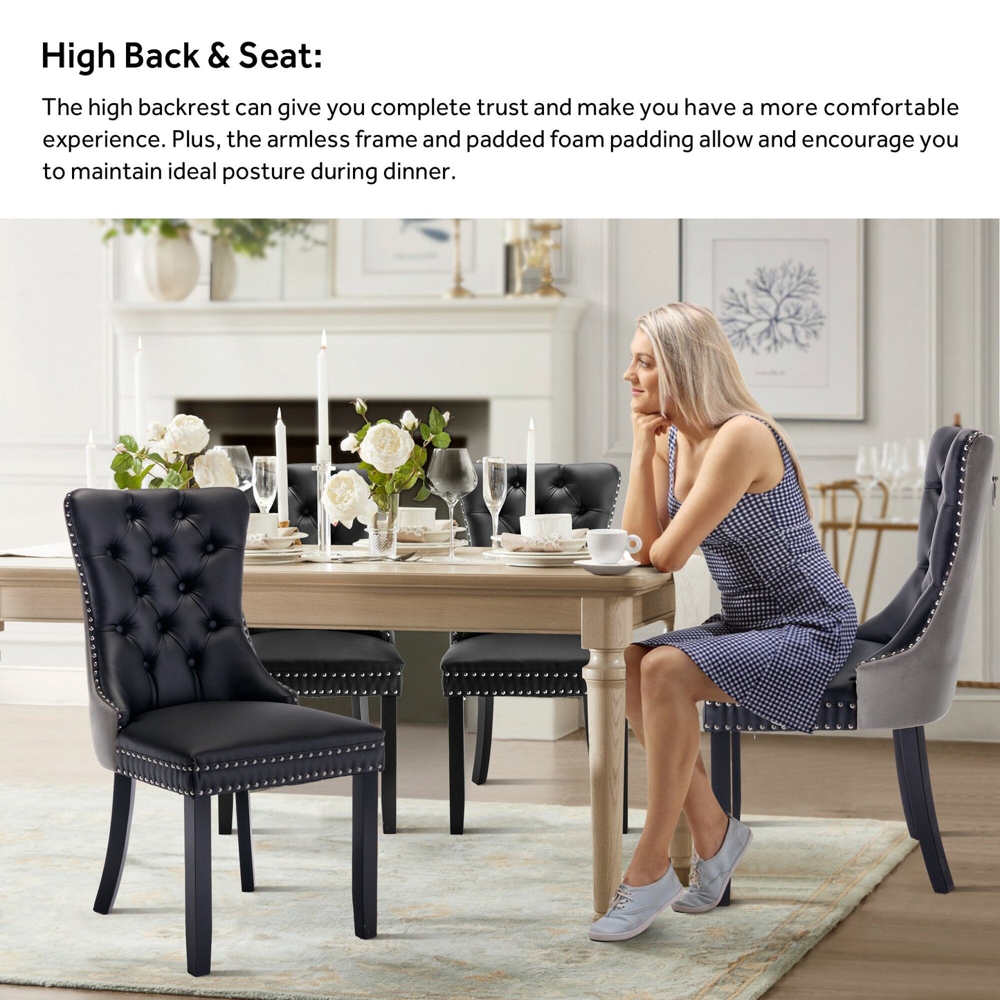 Lot de 6 chaises de salle à manger en velours capitonné avec pieds en bois massif.