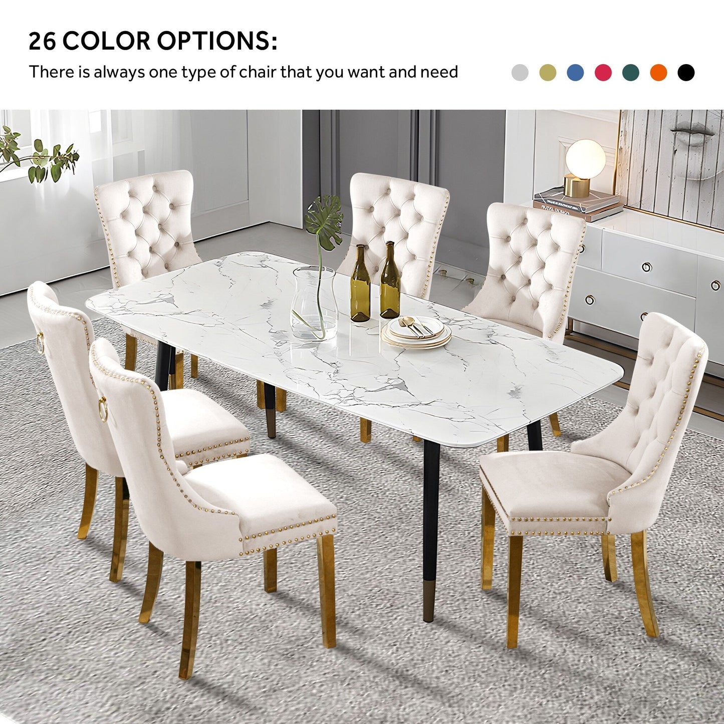 Lot de 6 chaises de salle à manger en velours capitonné avec pieds en bois massif.