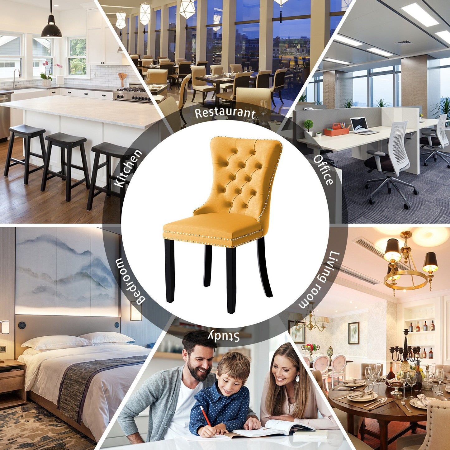 Lot de 6 chaises de salle à manger en velours capitonné avec pieds en bois massif.