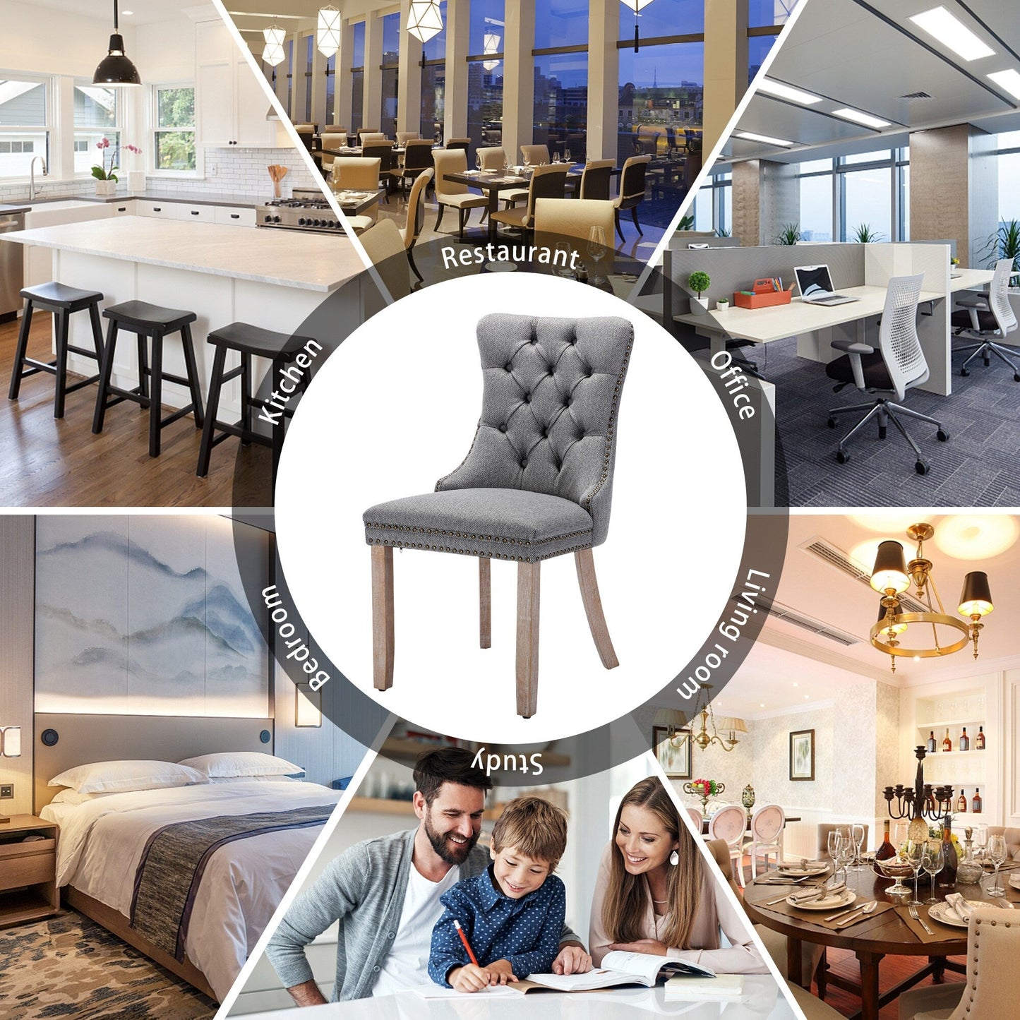 Lot de 6 chaises de salle à manger en velours capitonné avec pieds en bois massif.