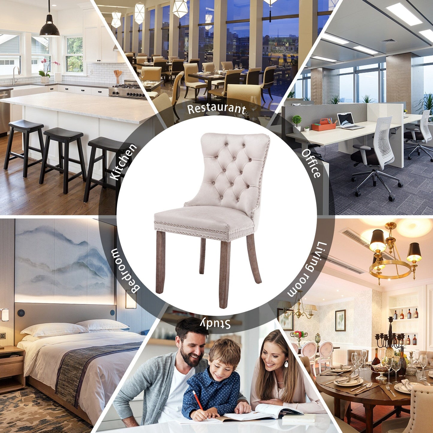 Lot de 6 chaises de salle à manger en velours capitonné avec pieds en bois massif.