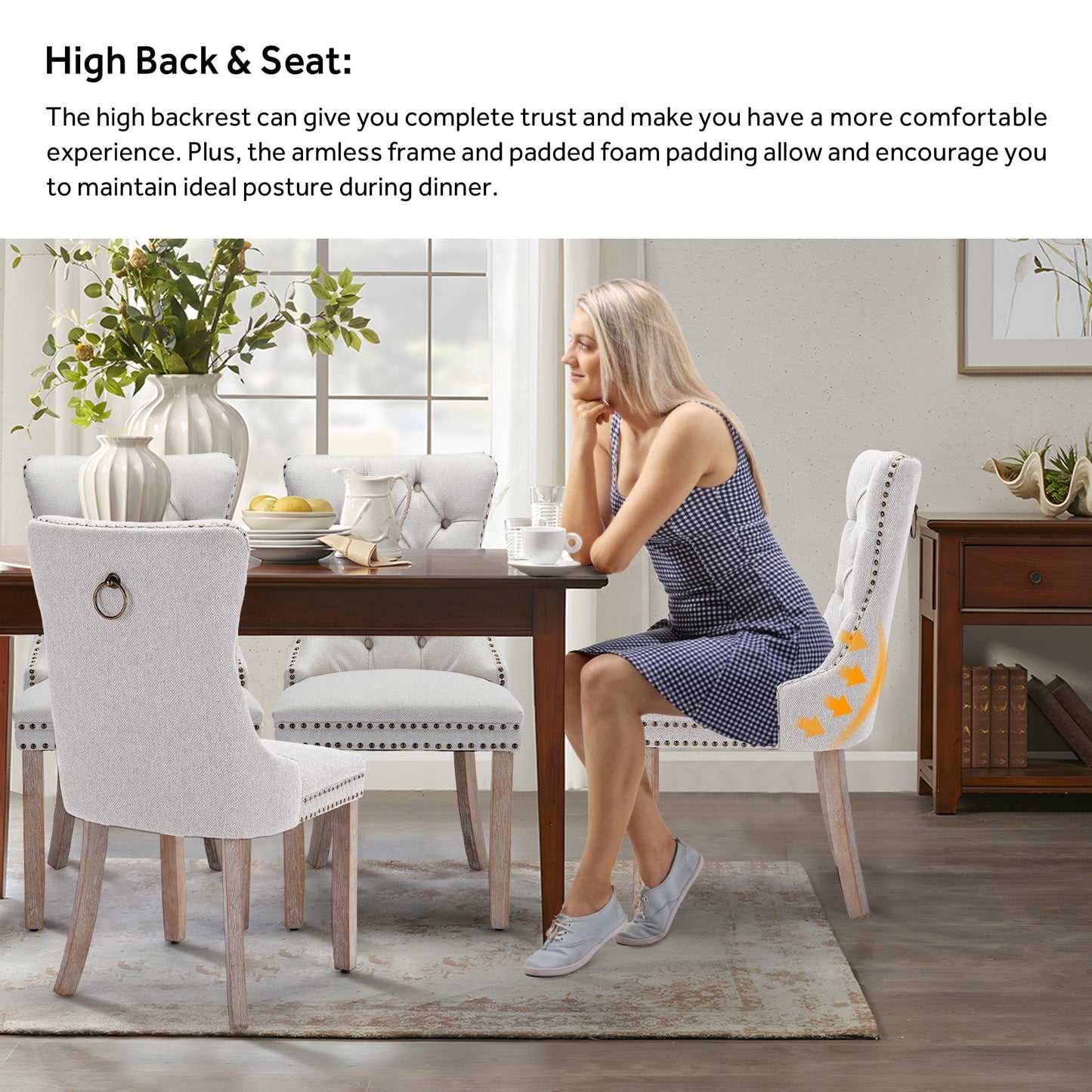 Lot de 6 chaises de salle à manger en velours capitonné avec pieds en bois massif.