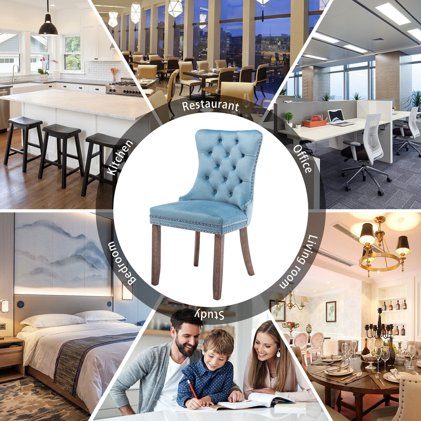 Lot de 6 chaises de salle à manger en velours capitonné avec pieds en bois massif.