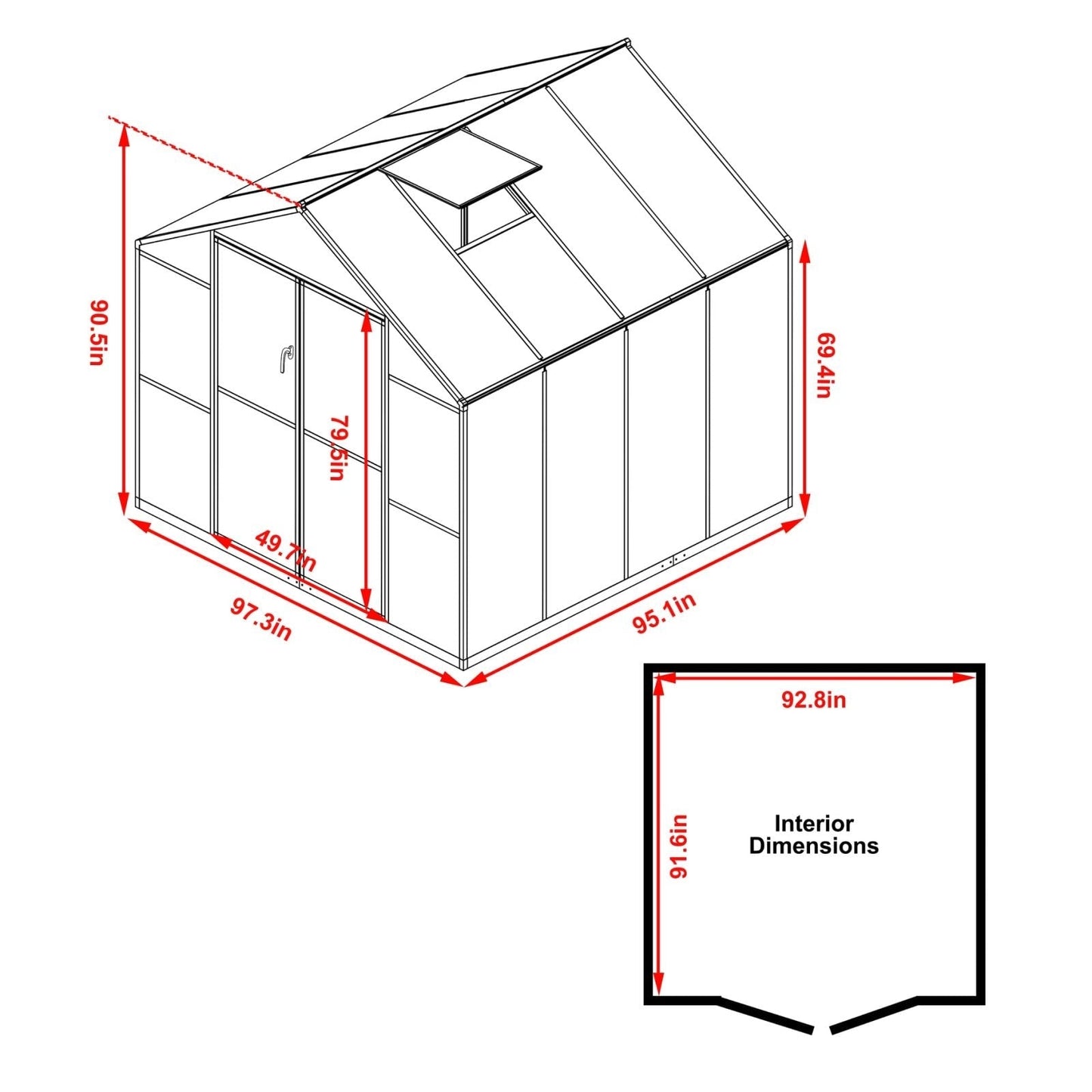VEIKOUS Kit de serre de jardin en aluminium avec porte verrouillable et fenêtre de toit réglable, gris.