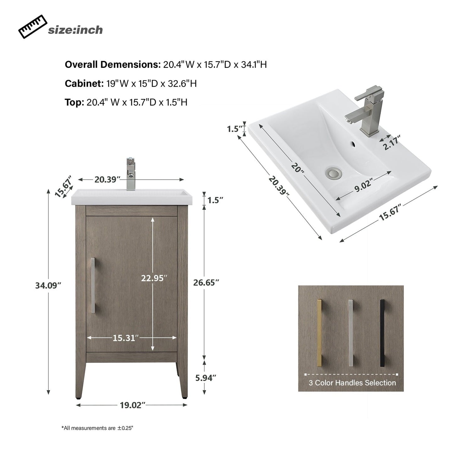 Meuble-lavabo de salle de bain Vanity Art avec lavabo simple, plateau en céramique, disponible en 20, 24 ou 30 pouces.