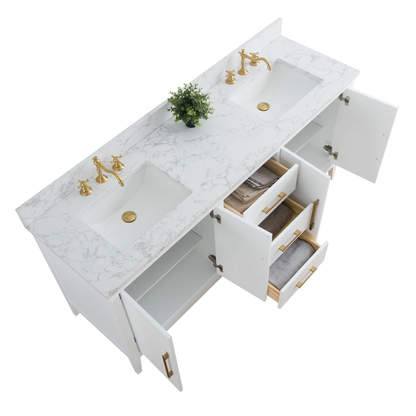 Meuble-lavabo de salle de bain Art 72 avec double lavabo et dessus en marbre synthétique.