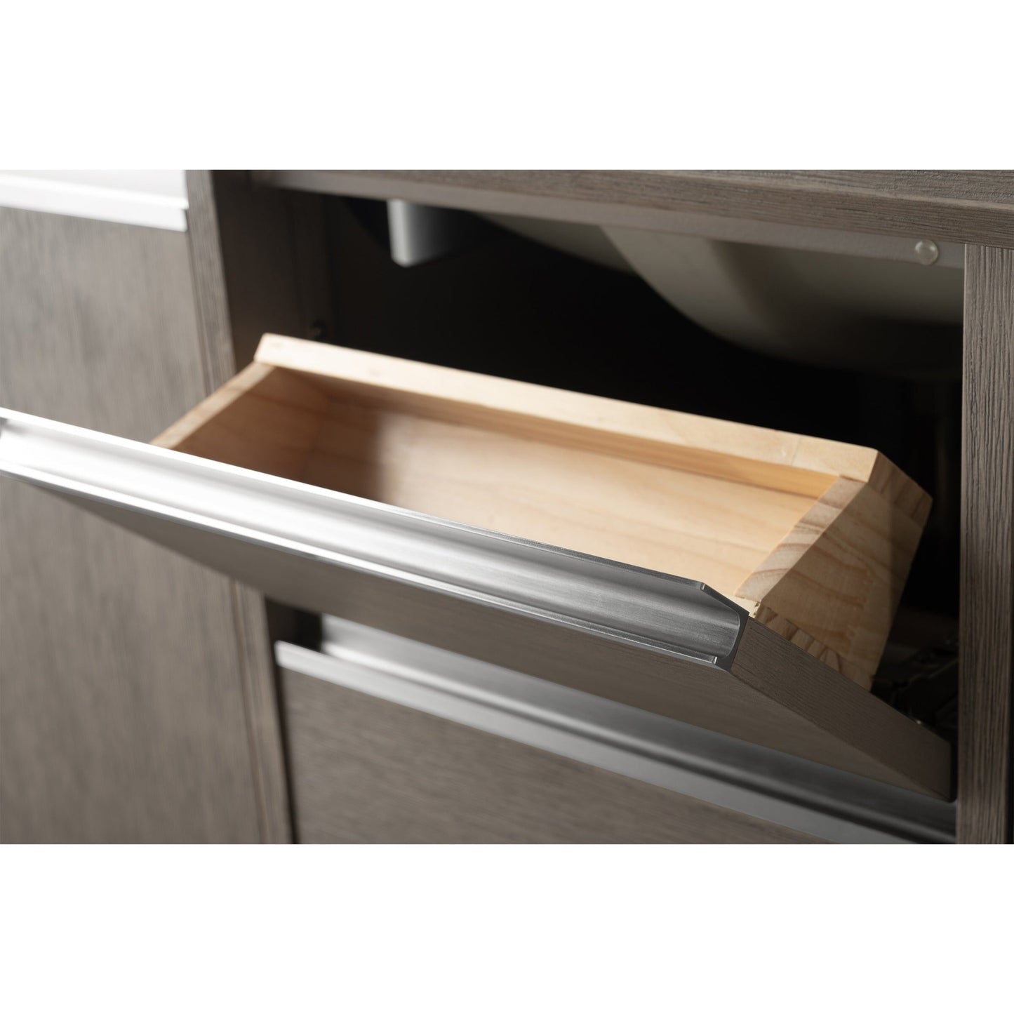 Meuble-lavabo Vanity Art avec lavabo en céramique et plan de travail en marbre composite.