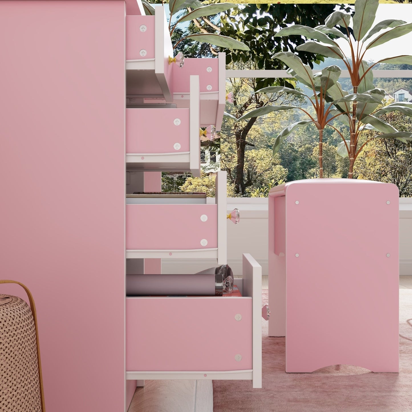 Coiffeuse avec miroir et lampe, table de maquillage et de coiffure avec tabouret.