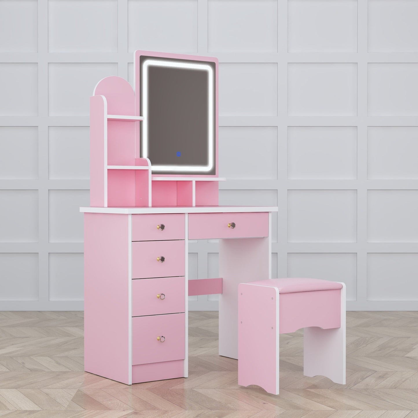 Coiffeuse avec miroir et lampe, table de maquillage et de coiffure avec tabouret.