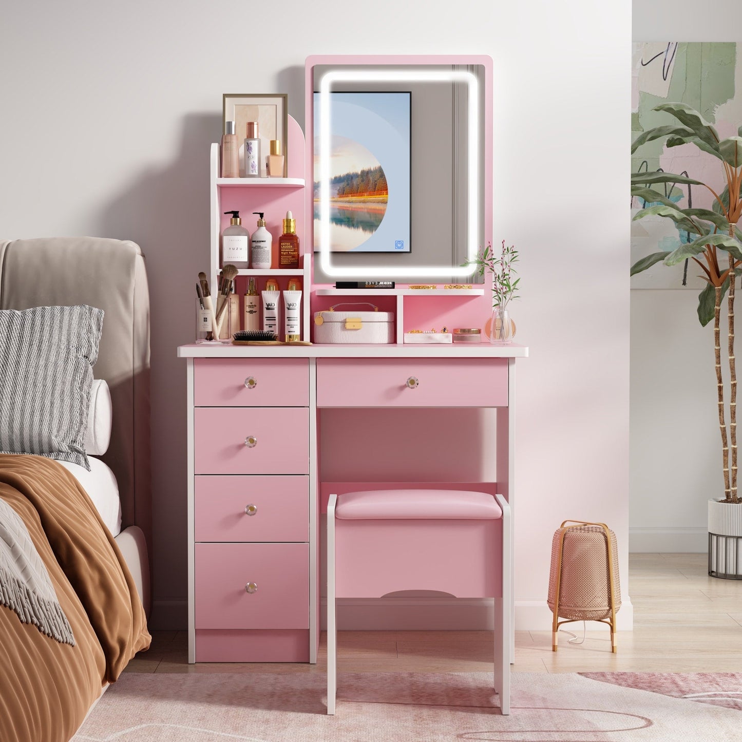 Coiffeuse avec miroir et lampe, table de maquillage et de coiffure avec tabouret.