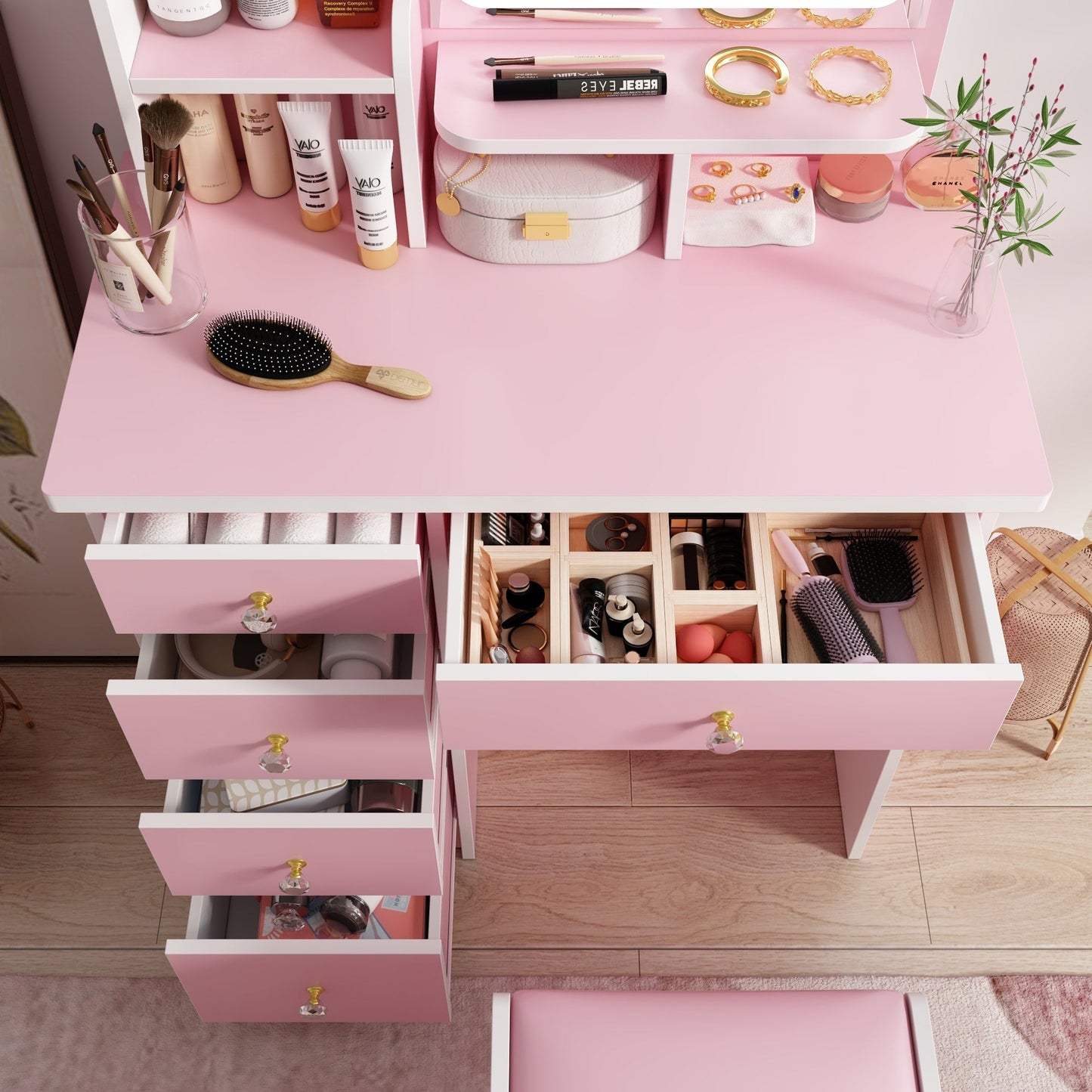 Coiffeuse avec miroir et lampe, table de maquillage et de coiffure avec tabouret.