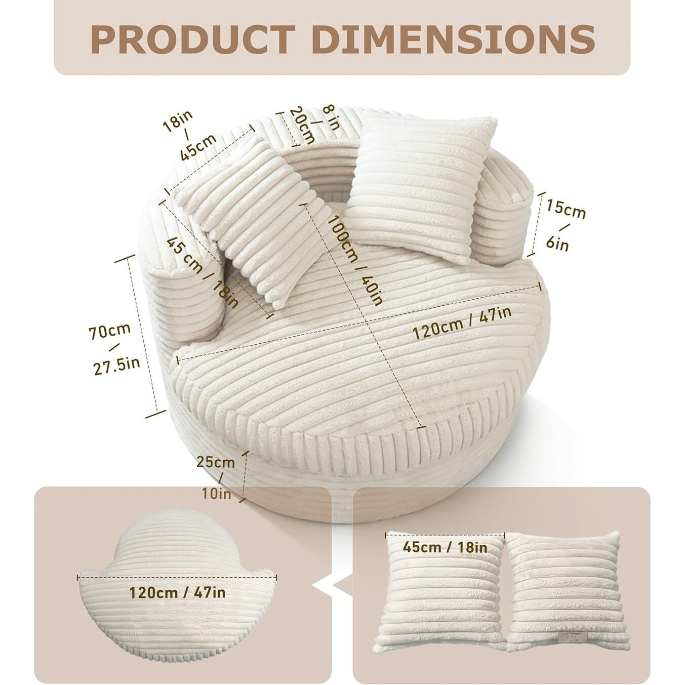 WOWMAX Chaise longue ronde 47 pouces pour intérieur, canapé de sol en velours côtelé, fauteuil gigogne surdimensionné avec 2 coussins décoratifs