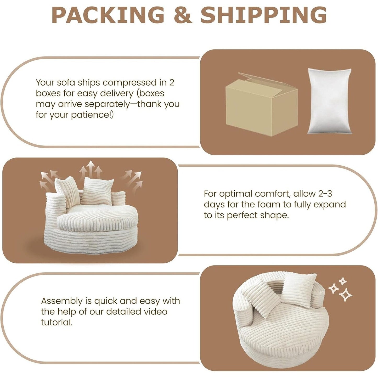 WOWMAX Chaise longue ronde 47 pouces pour intérieur, canapé de sol en velours côtelé, fauteuil gigogne surdimensionné avec 2 coussins décoratifs