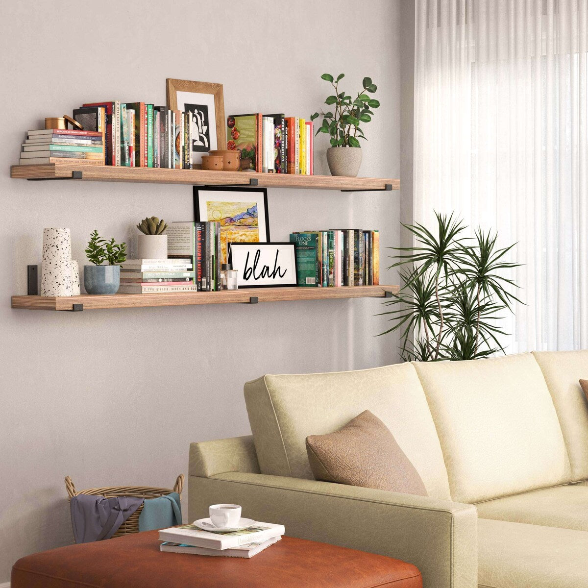 Wallniture Forte, étagères flottantes de 72 pouces, lot de 2, bois brûlé.