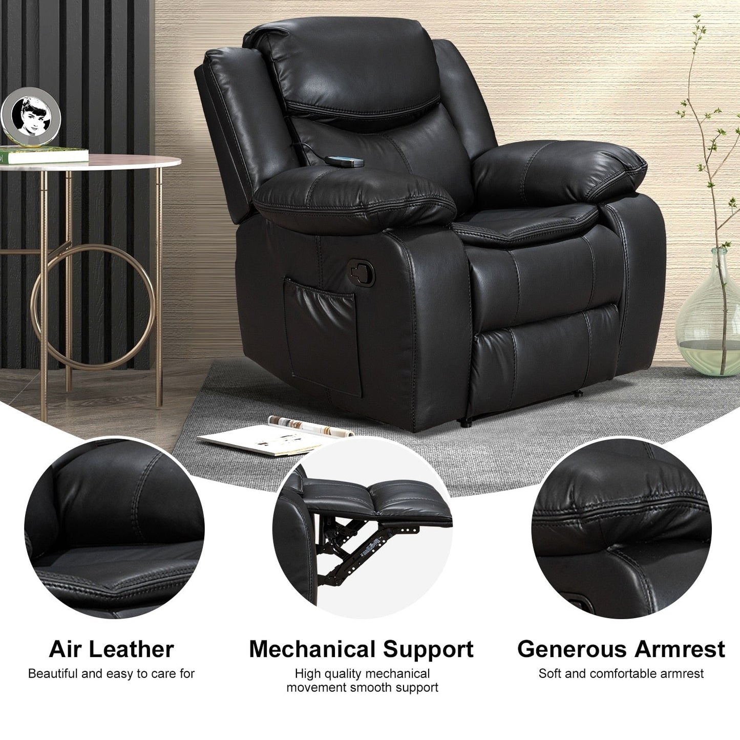 Fauteuil inclinable large en cuir durable avec massage et chauffage.