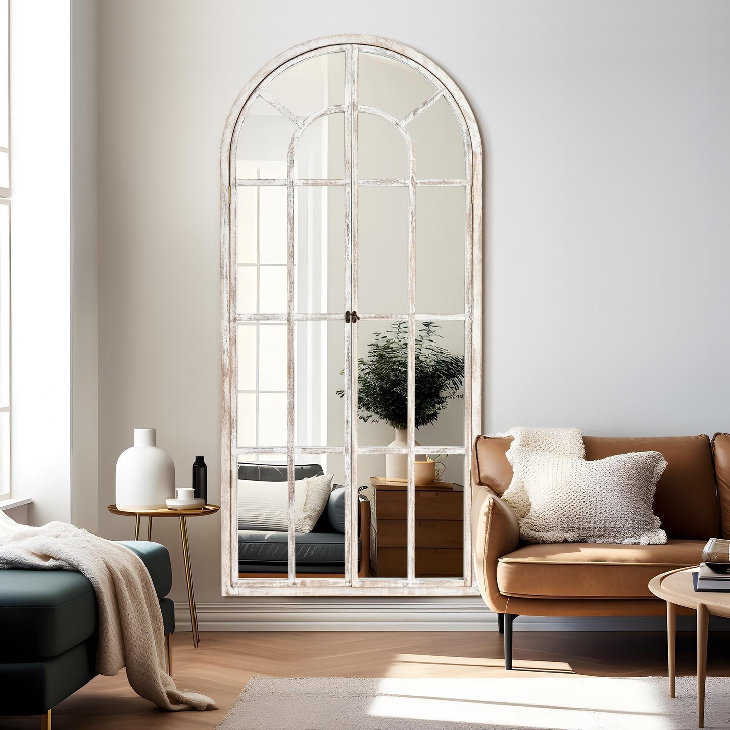 Miroir à fenêtre, miroir en bois incurvé, 180 cm (L) x 79 cm (l)