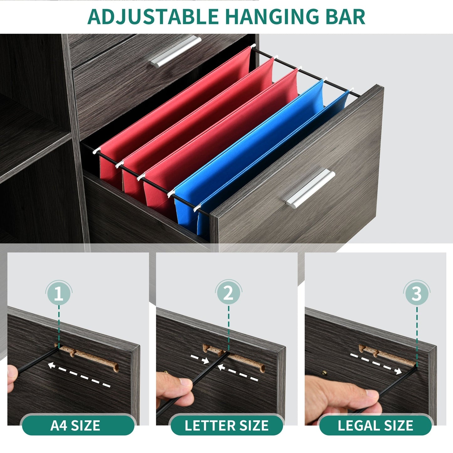 Meuble de rangement en bois avec station de recharge, classeur latéral mobile, verrouillable, compatible avec les dossiers A4, lettres et documents légaux.