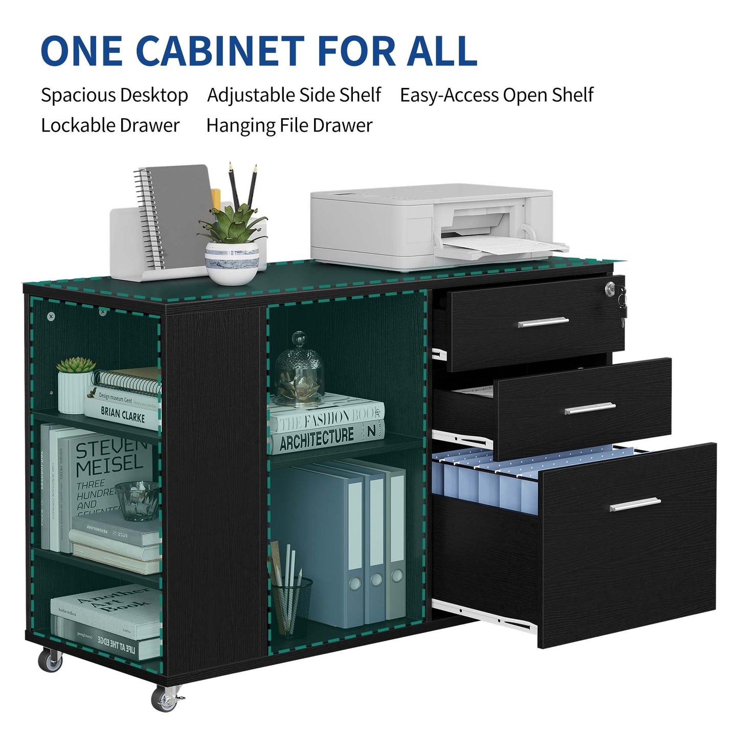Meuble de rangement en bois avec station de recharge, classeur latéral mobile, verrouillable, compatible avec les dossiers A4, lettres et documents légaux.