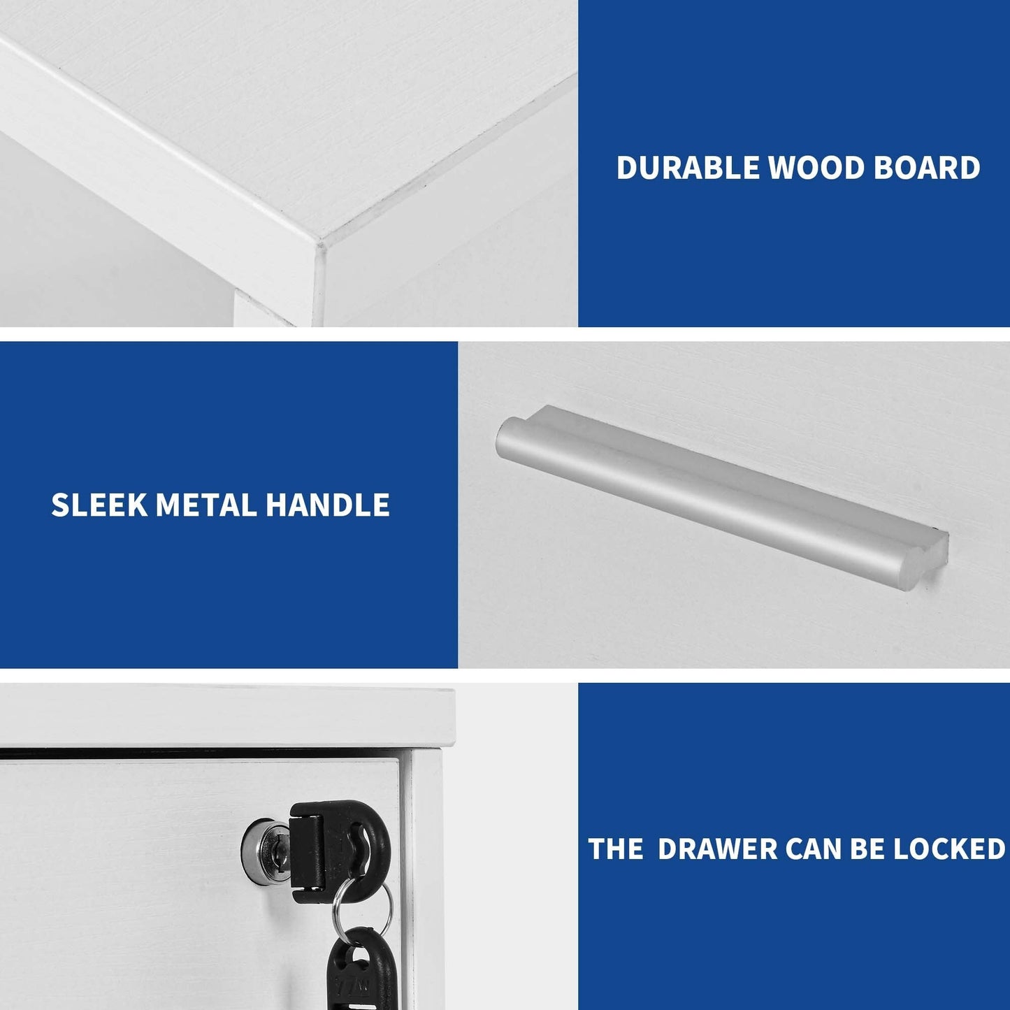 Meuble de rangement en bois avec station de recharge, classeur latéral mobile, verrouillable, compatible avec les dossiers A4, lettres et documents légaux.