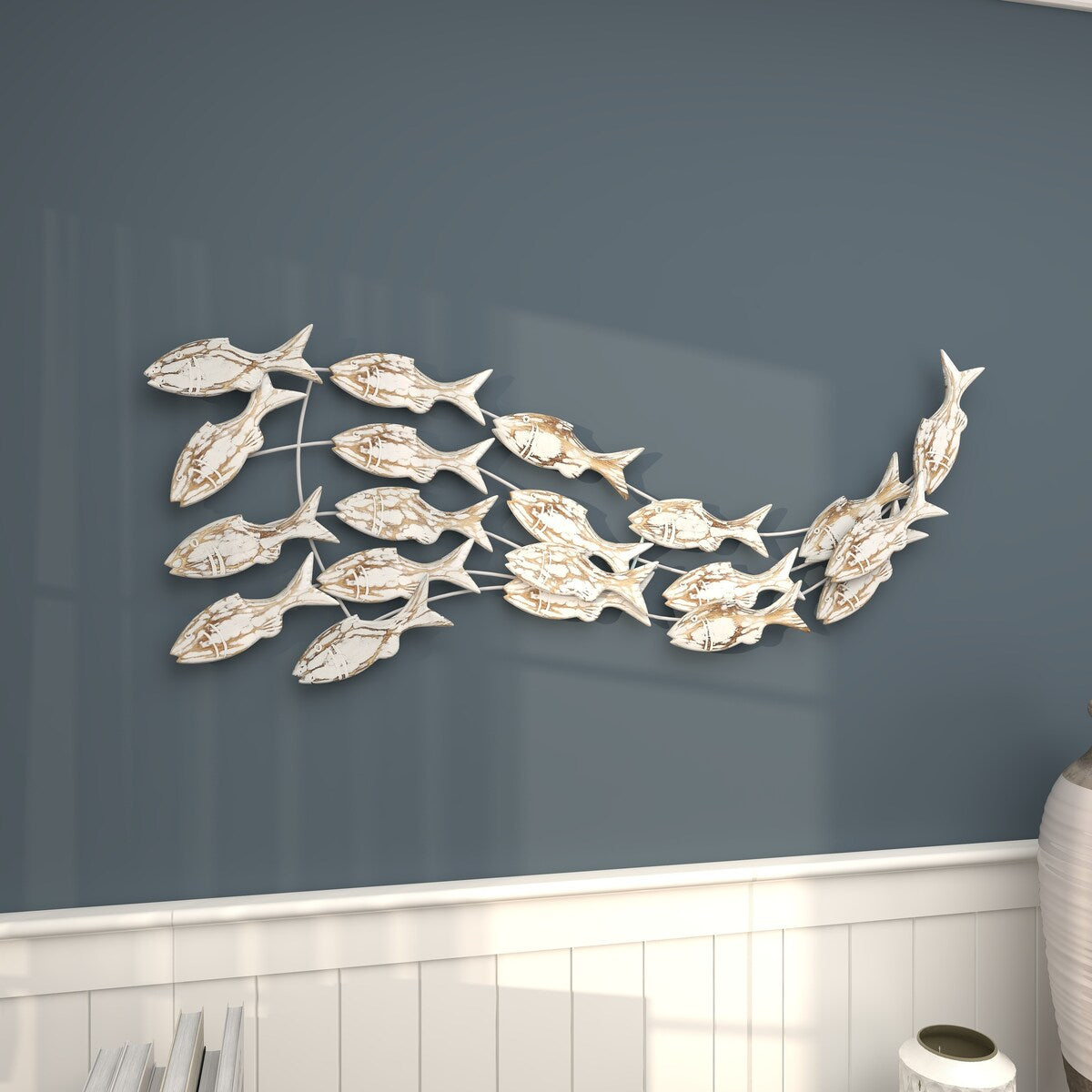 Poisson en bois fait à la main, décoration murale pour la maison, effet vieilli brun - Blanc - Roche River Decor