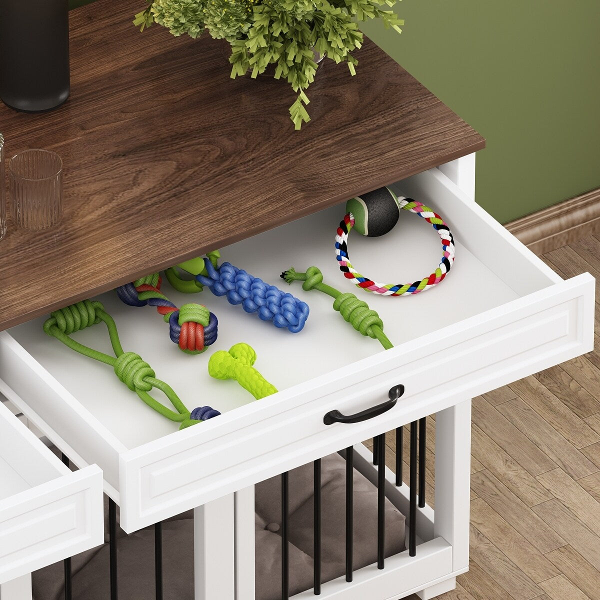 Meuble en bois pour chenil double pour chien avec 2 tiroirs et séparateur