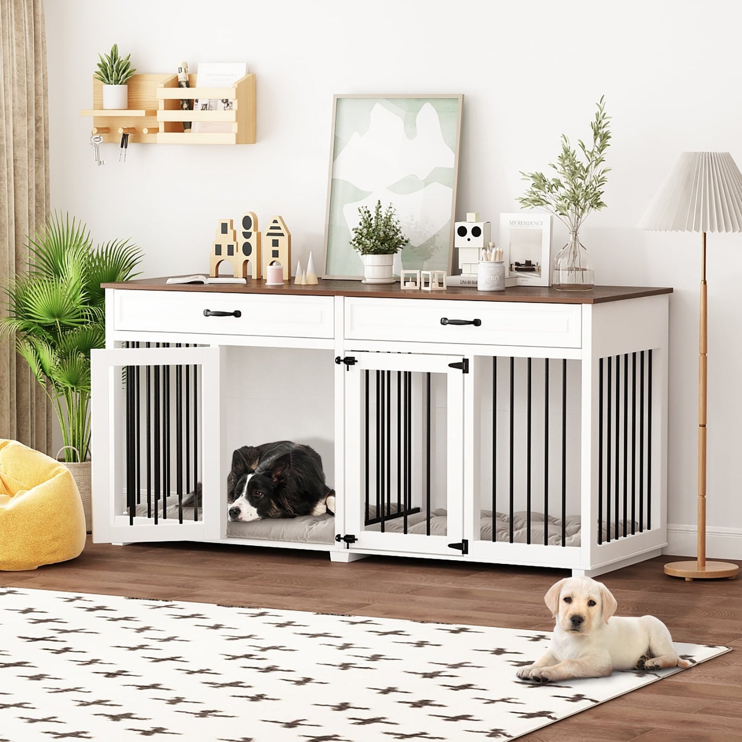 Meuble en bois pour chenil double pour chien avec 2 tiroirs et séparateur