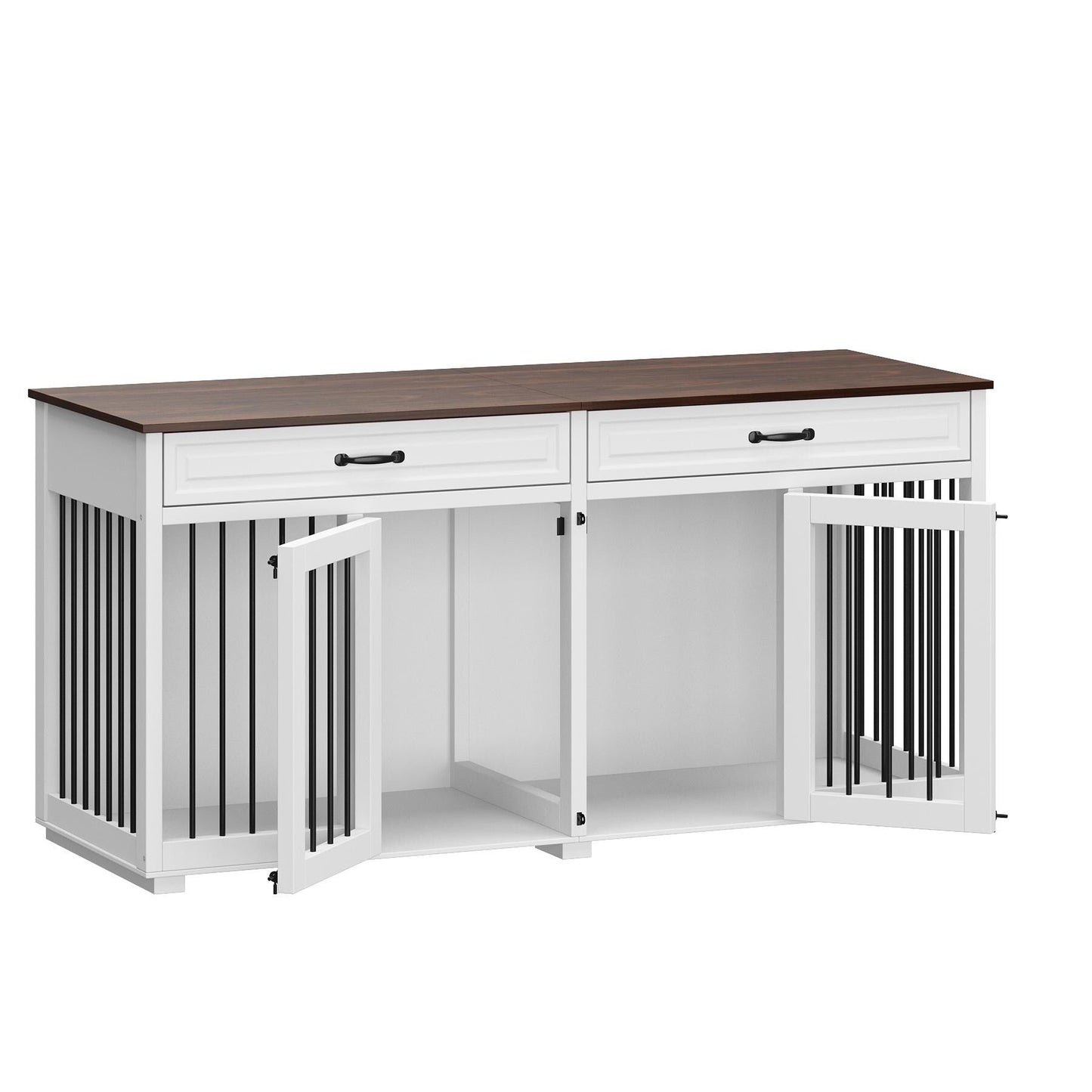 Meuble en bois pour chenil double pour chien avec 2 tiroirs et séparateur